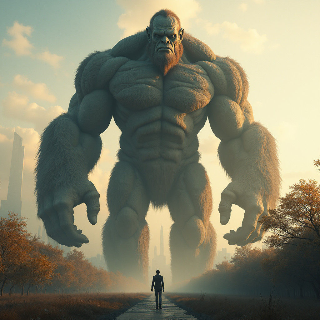 Colossal Giant Dominating Landscape in Detailed Photography