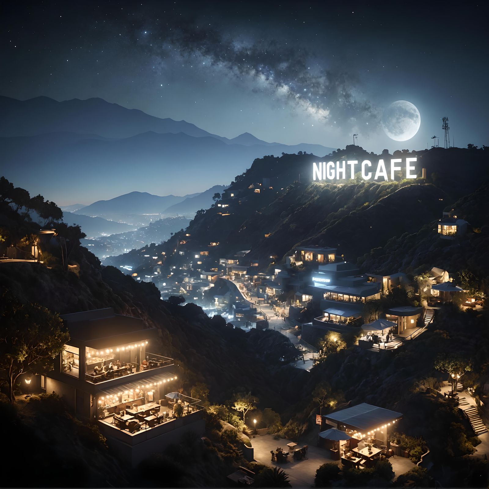 NightCafe Lights Up Hollywood Hills at Night