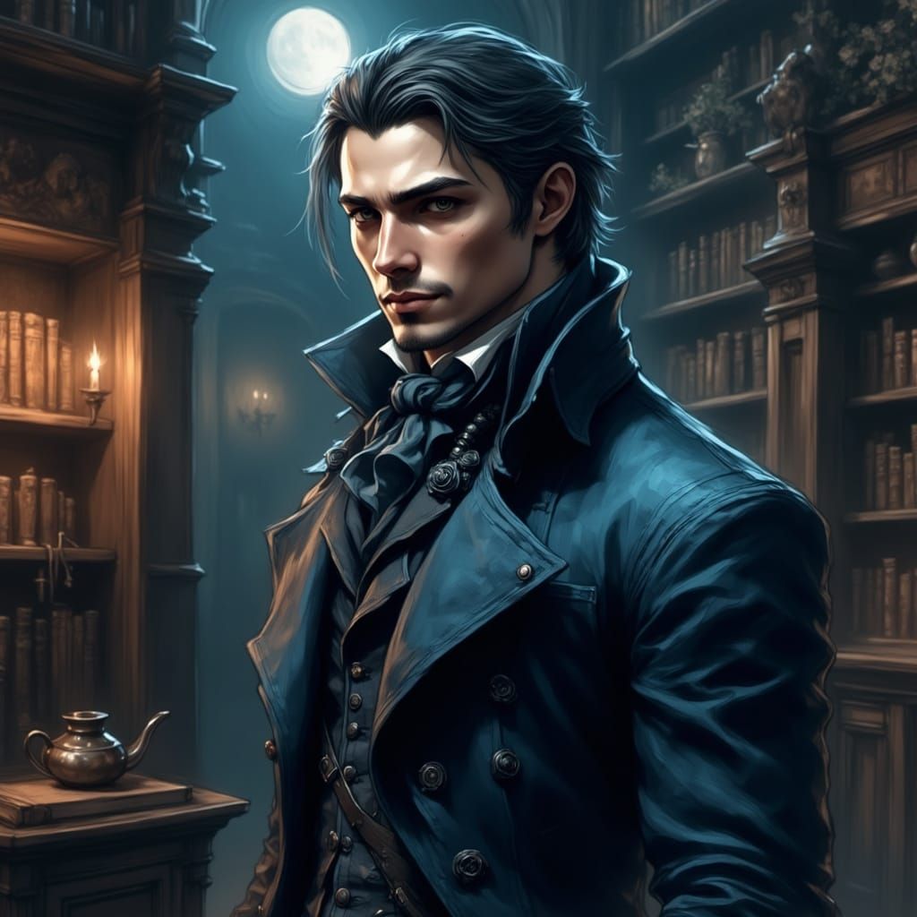 Gothic Gentleman in Castle Library, Precisionist Style