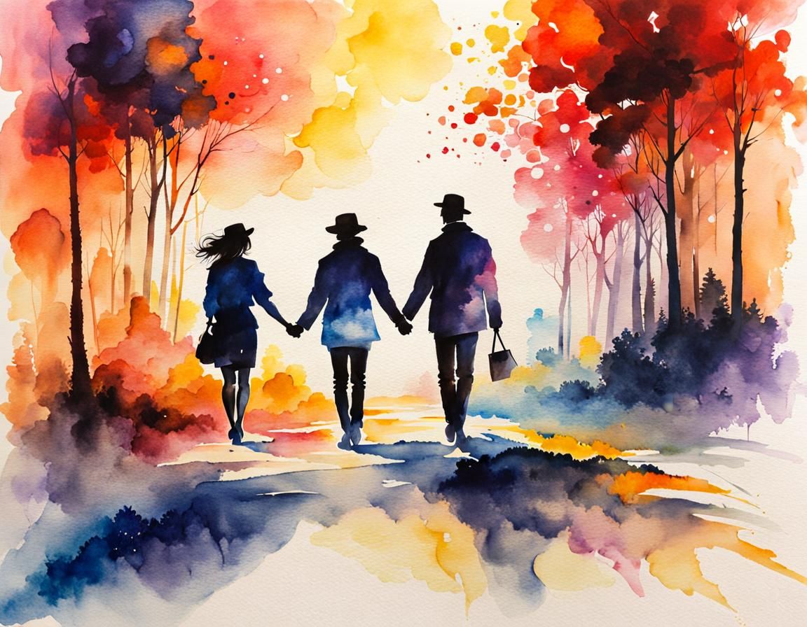 Lovers Walking Hand in Hand: Watercolour Illustration