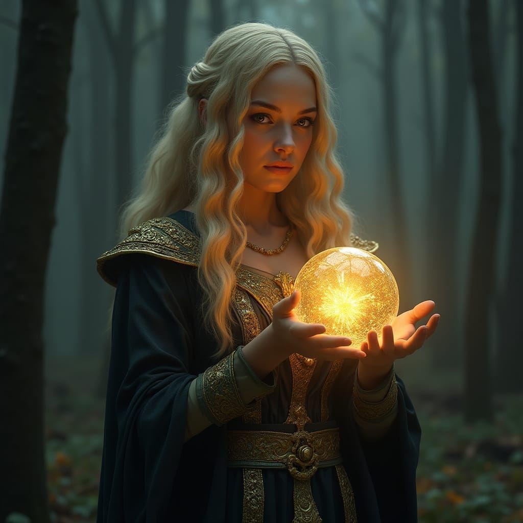 Dark Fantasy Sorceress in Gold-Embroidered Cloak with Glowin...