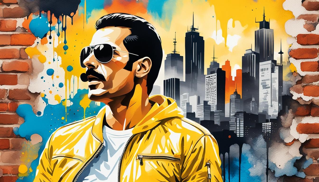 Freddie Mercury Portrait with Fantasy Mural, Watercolor Pop ...