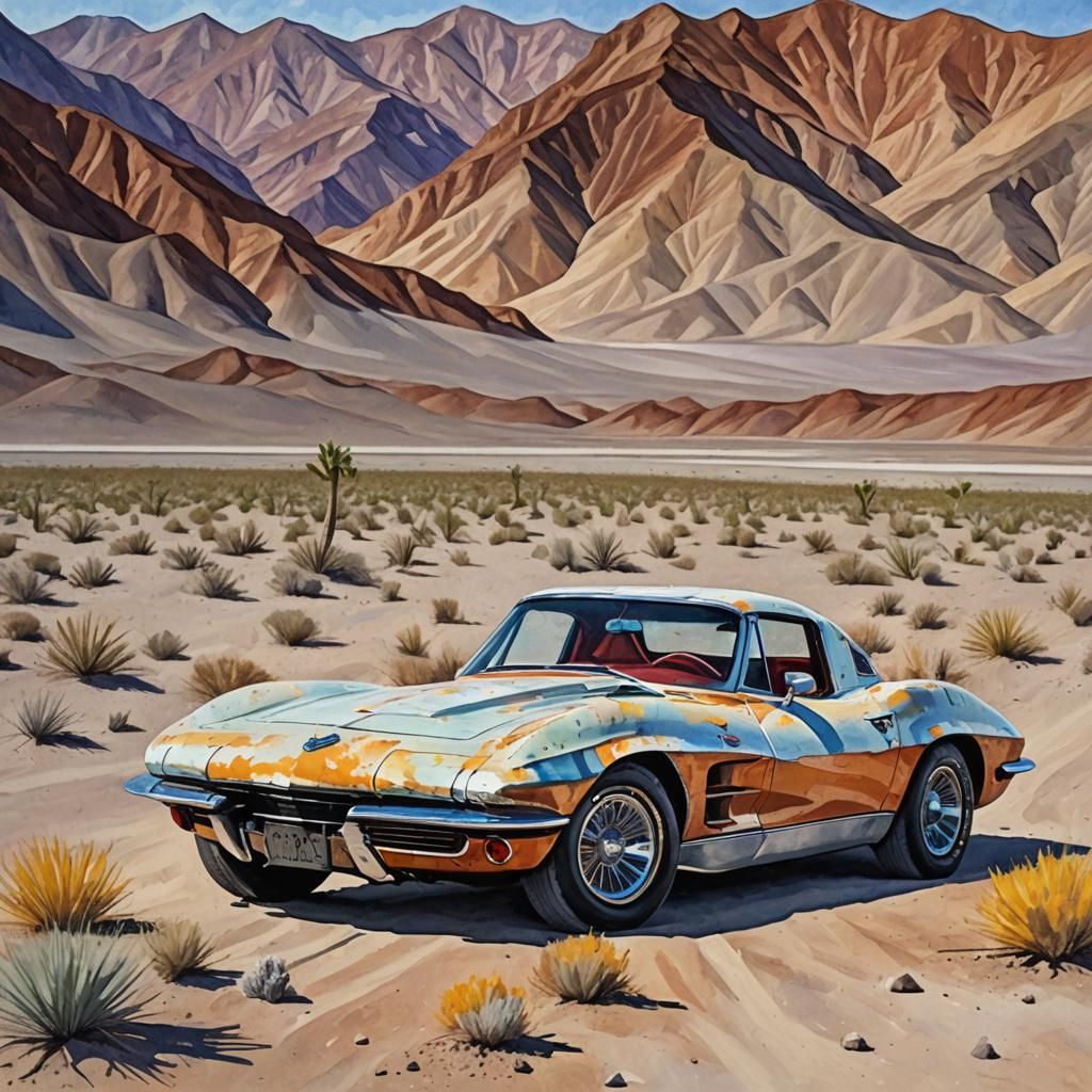 C2 Corvette in Death Valley as Gouache Painting