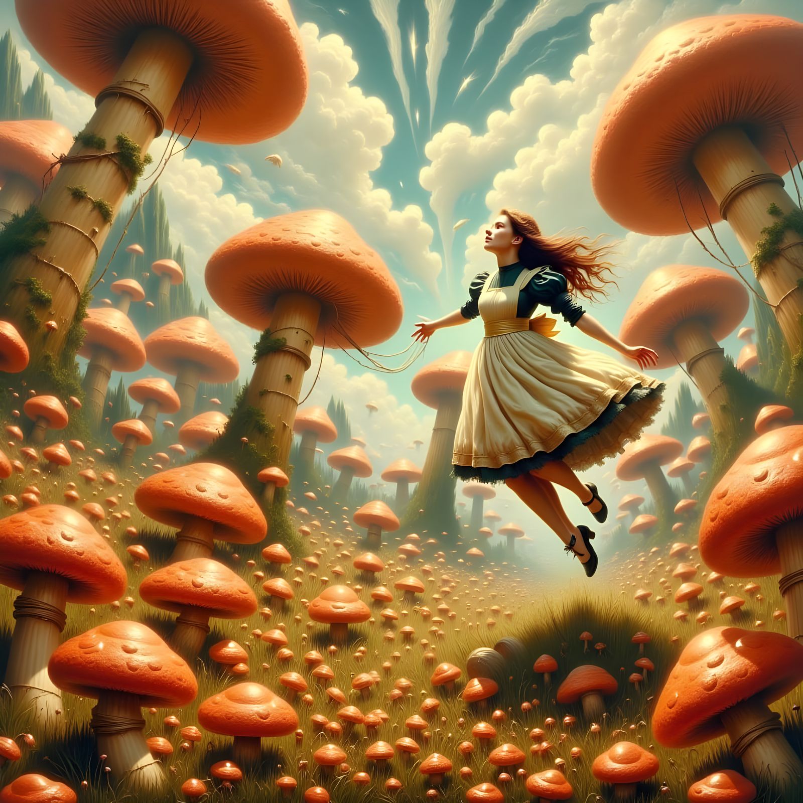Alice in Mushroom Field, Vintage Illustration