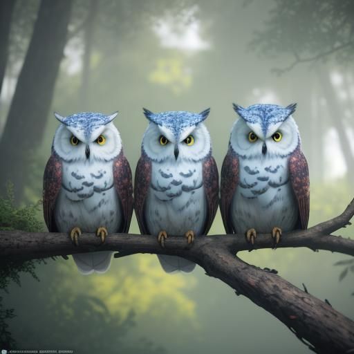 Cute Triplet Owls in 3D Illustration