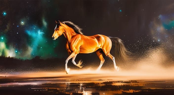 Stunning Stallion Under Starry Sky in Watercolor Art