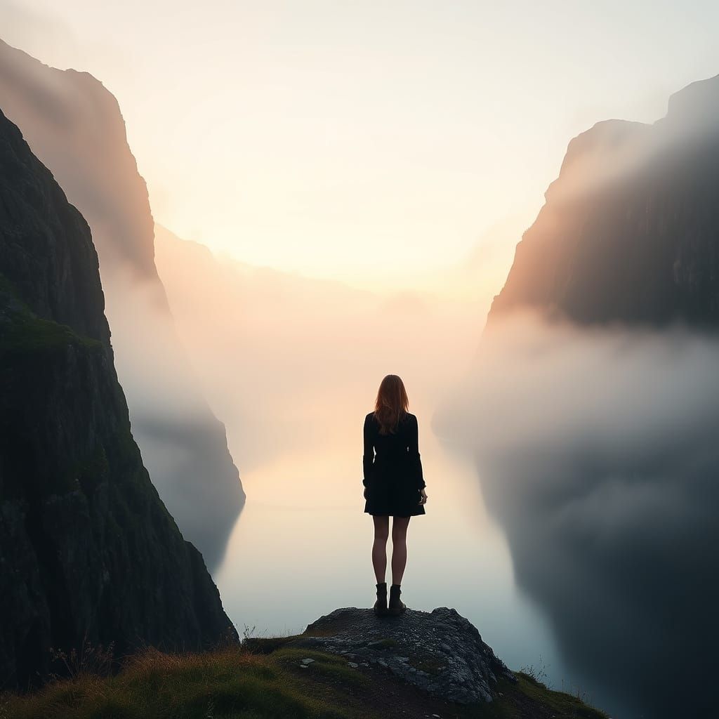 Ethereal Morning Fjord Landscape in Dreamy, Whimsical Style