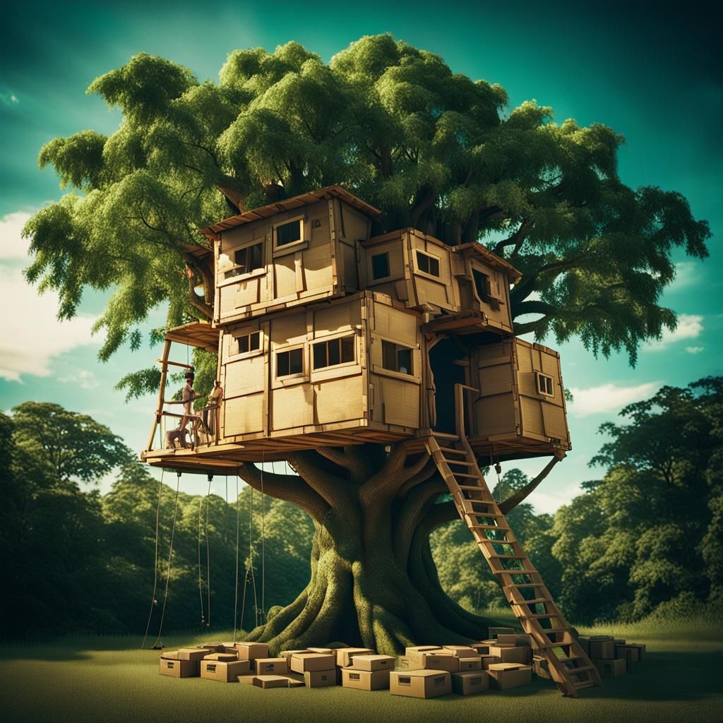 Treehouse Made of Amazon Boxes: Cinematic Still