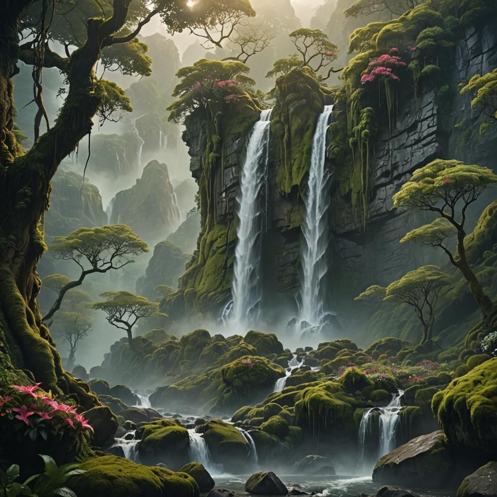 Majestic Waterfall in Misty Valley: Fantasy Movie Art