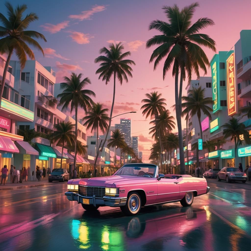 Pink Cadillac Drives 80s Miami in Fantasy Art