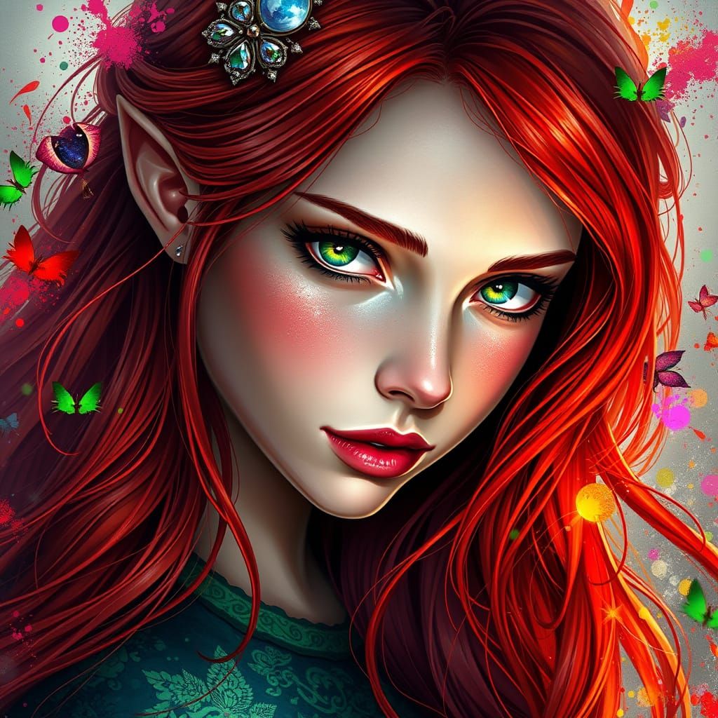 Mandelblüten Queen: Red Hair, Green Eyes, Hyperrealistic Con...