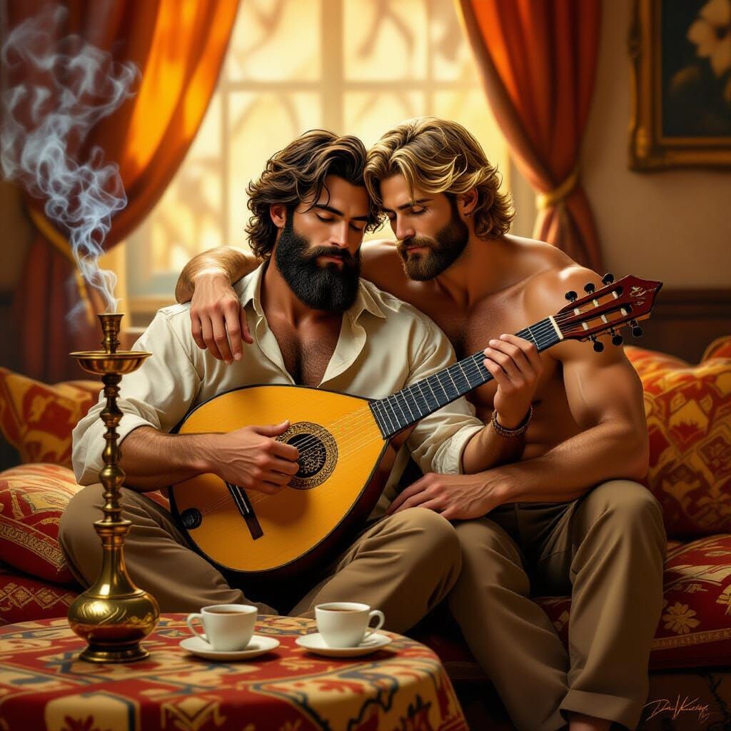 Intimate Portrait of Two Men in Warmly Lit Interior