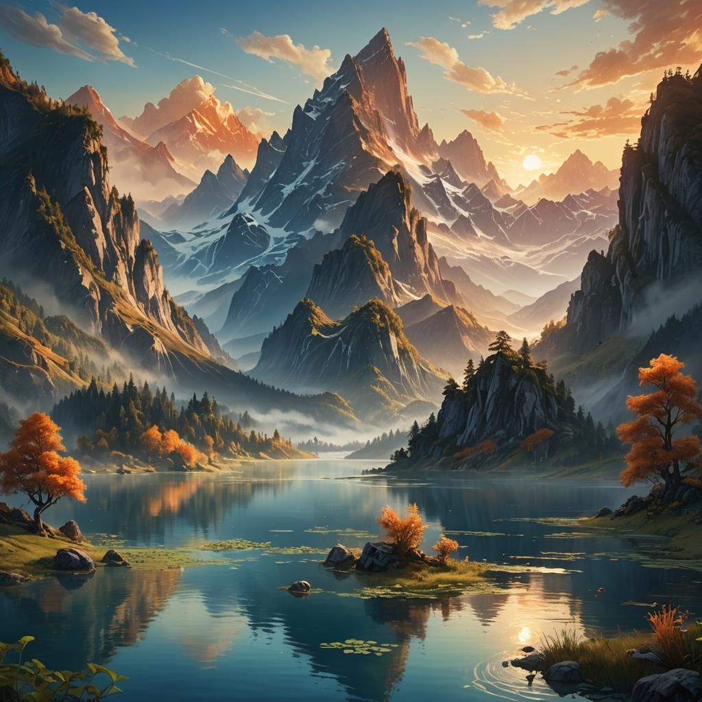 Fantastical Landscape with Lake and Mountains at Sunset