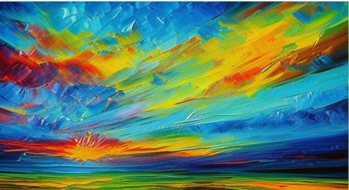 Hawk Soaring at Colorful Sunset: Neo-Impressionist Oil Paint...