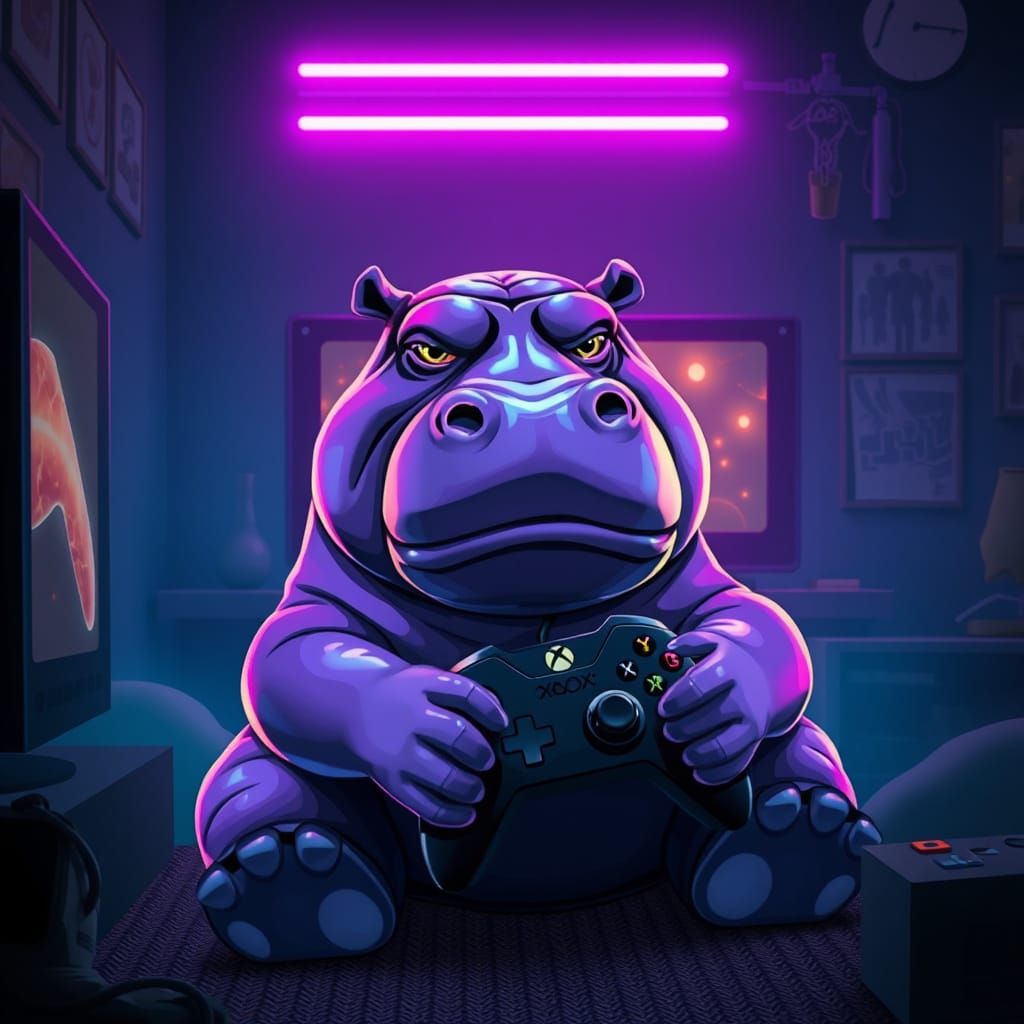 Gaming Hippo in Neon Gaming Lair