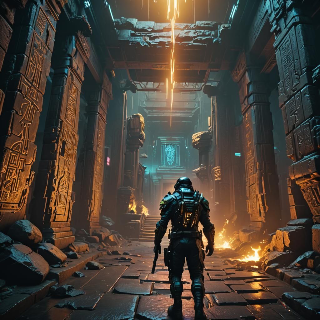 Cyberpunk Mercenary in Ancient Tomb Passage