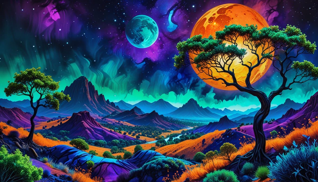 Alien Planet with Neon Foliage in Fluid Art