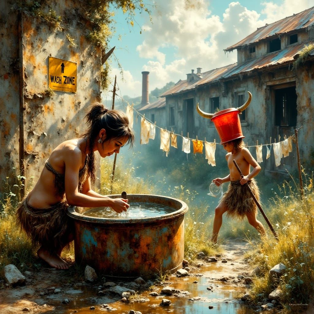 Post-Apocalyptic Woman Washing Bags in Ruin