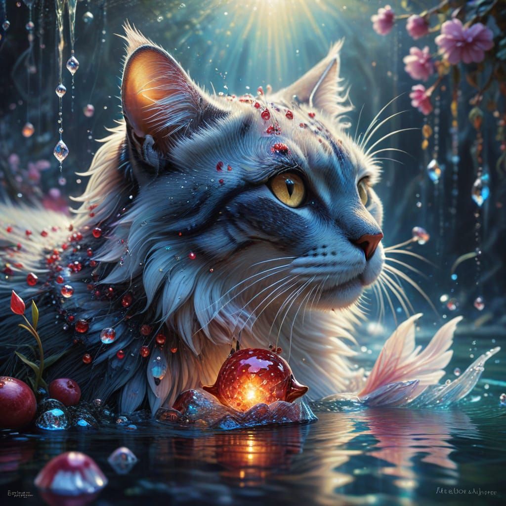 Majestic Pomegranate Cat Gazes at Iridescent Fish in Whimsic...