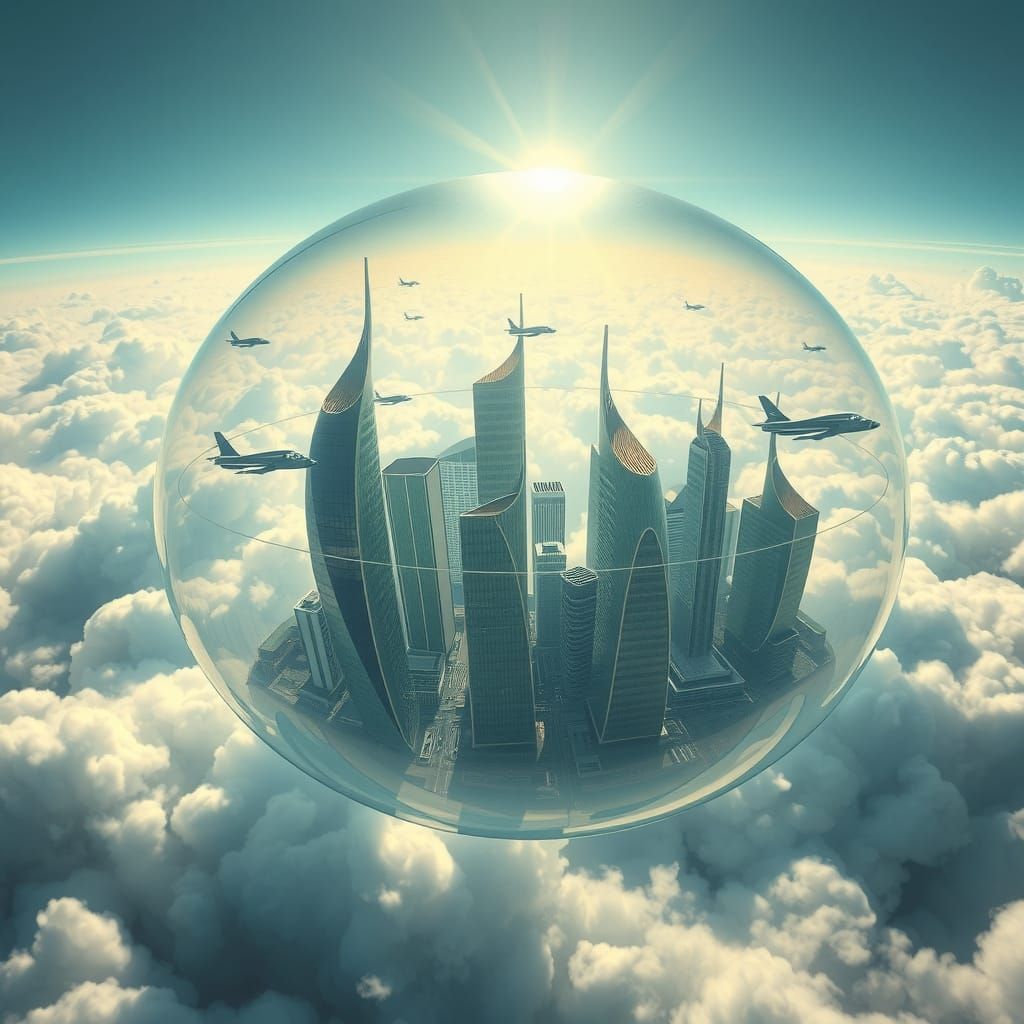 Frutiger Aero City in Bubble Above Clouds