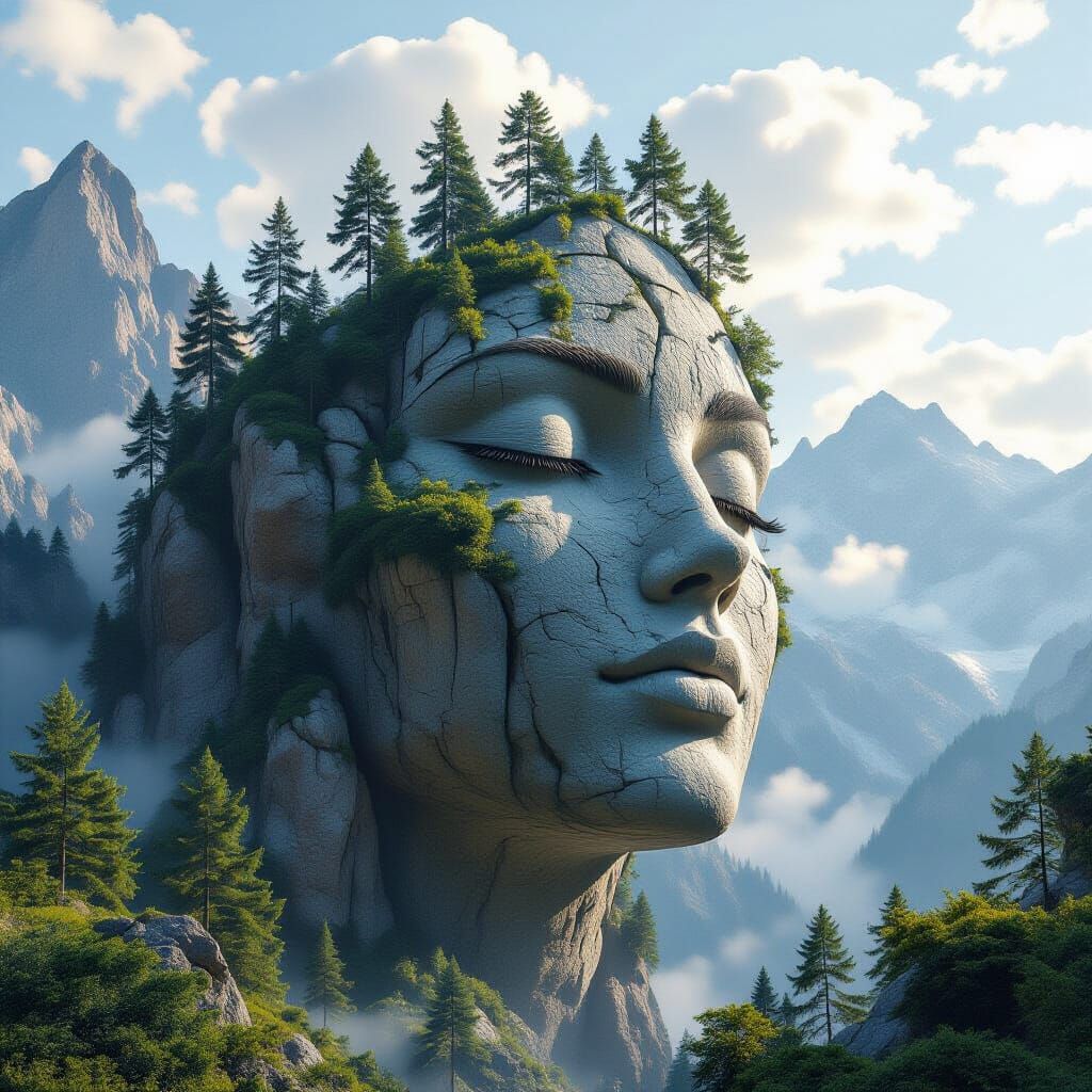 Colossal Stone Face Mountainscape in Photorealistic Style