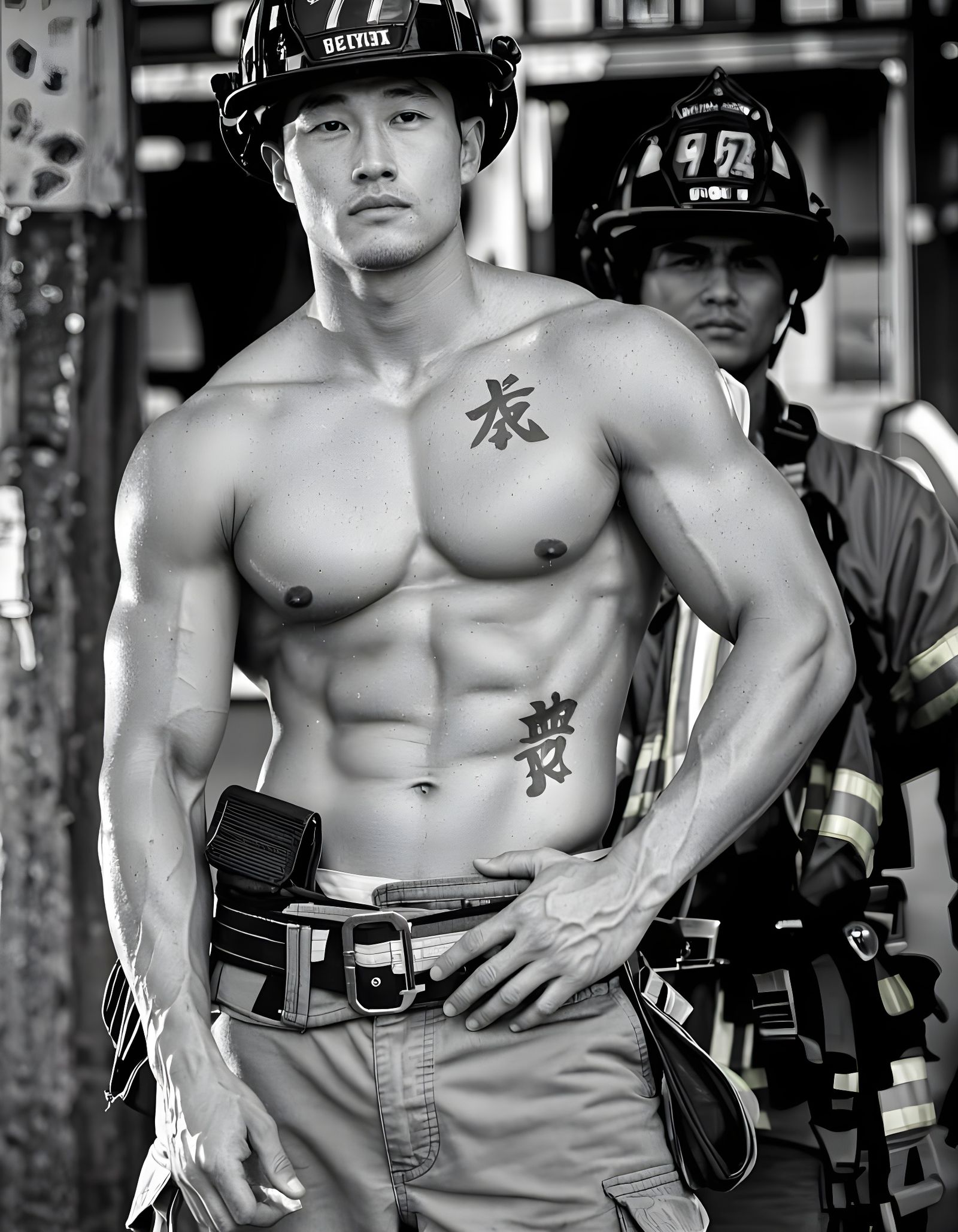 High Contrast Portrait of a Muscular Firefighter