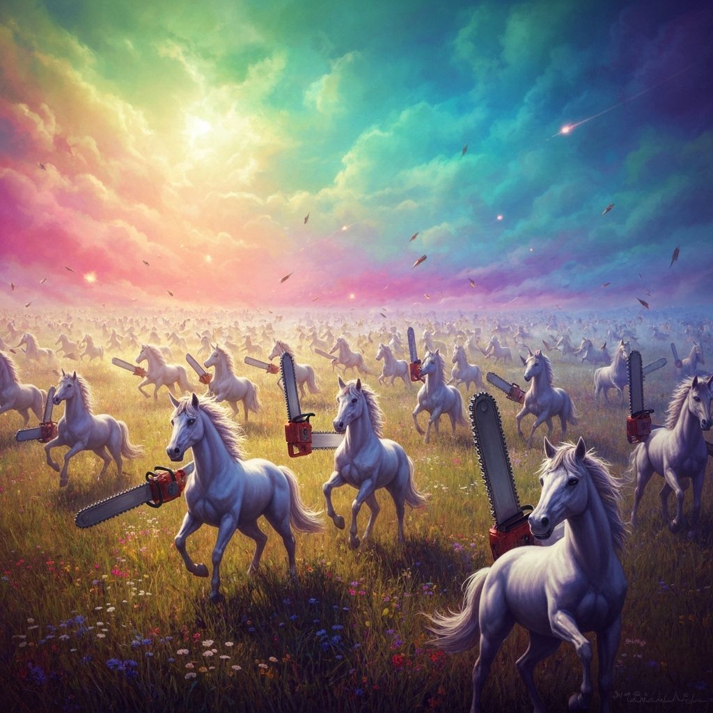 Unicorns With Chainsaws in Magical Meadow