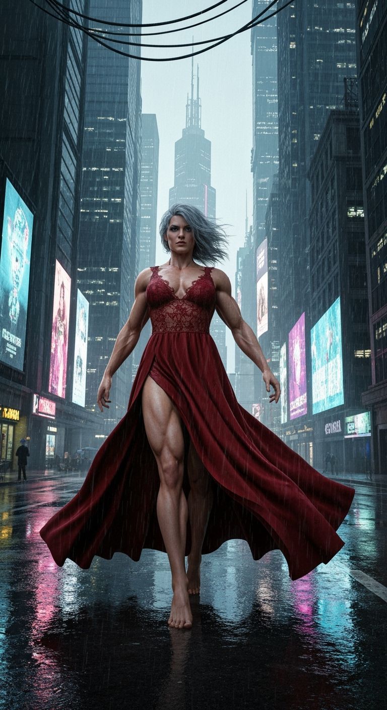 Futuristic Squirrel-Woman Warrior in Cyberpunk Cityscape