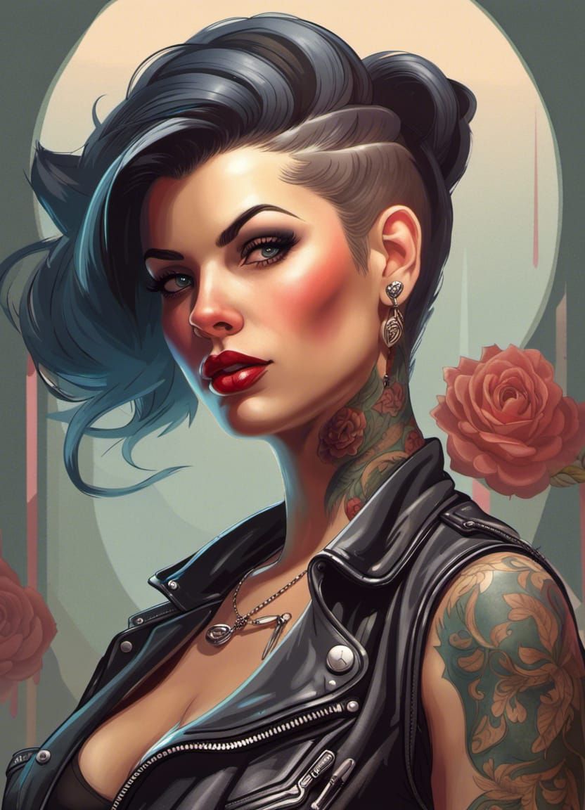 Rockabilly Biker Pin-Up Portrait in Detailed Digital Art