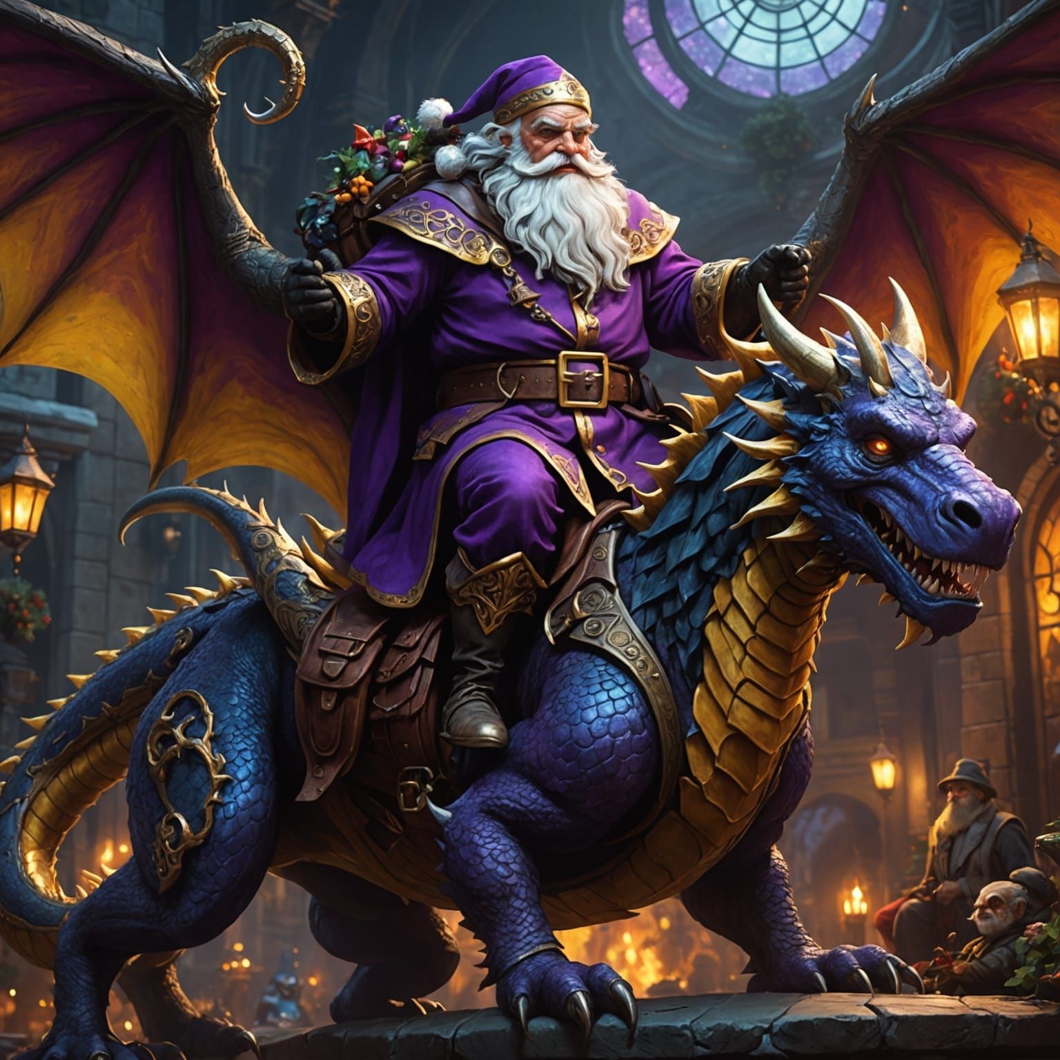 Dark Santa Claus on Dragon: Fantasy Art