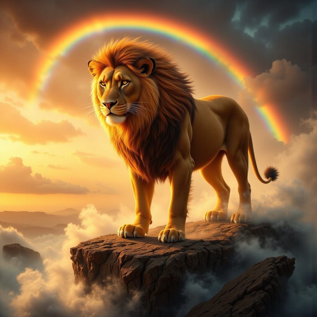 Regal Lion Under Majestic Rainbow