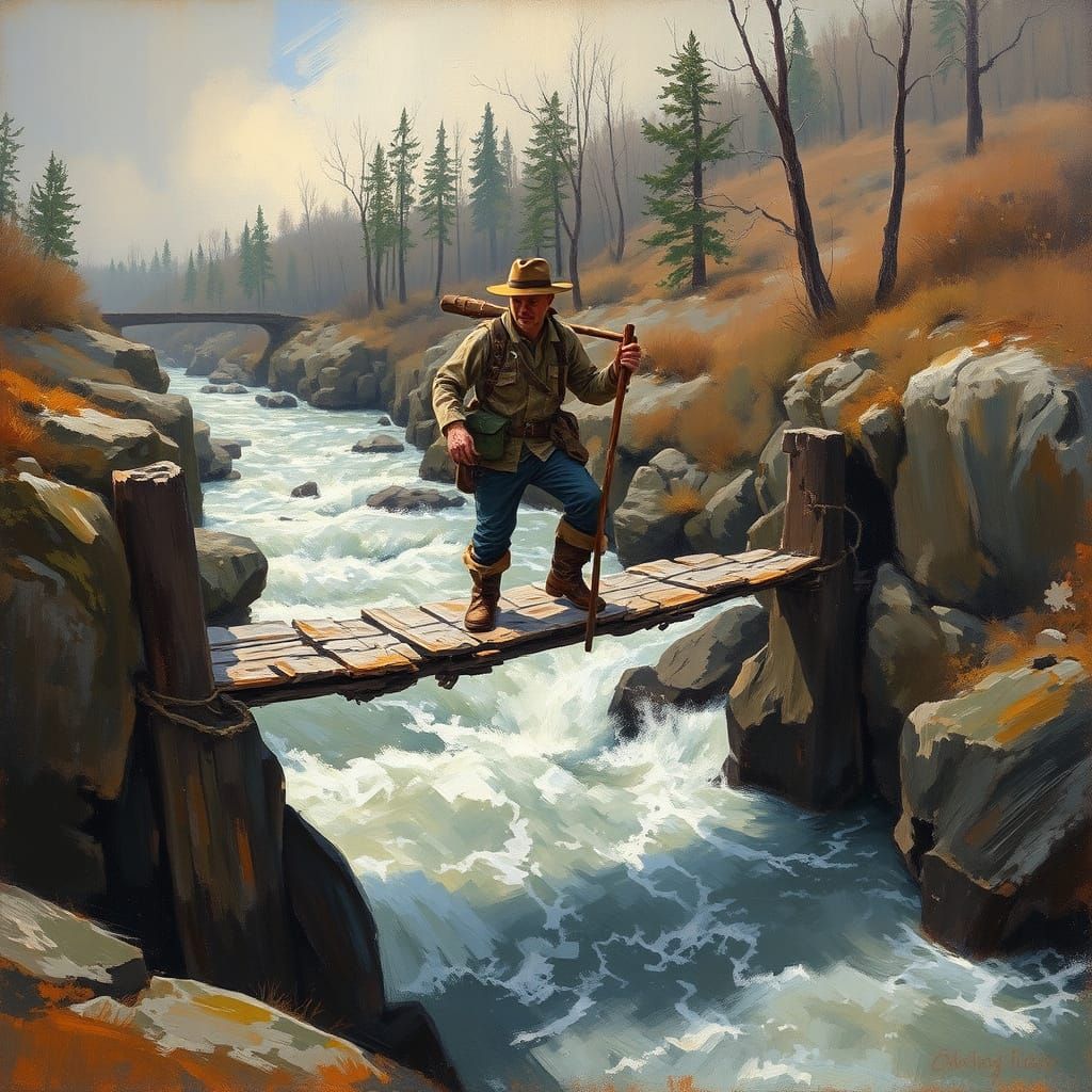 Weary Traveler Crosses Impressionist Bridge in Turbulent Riv...