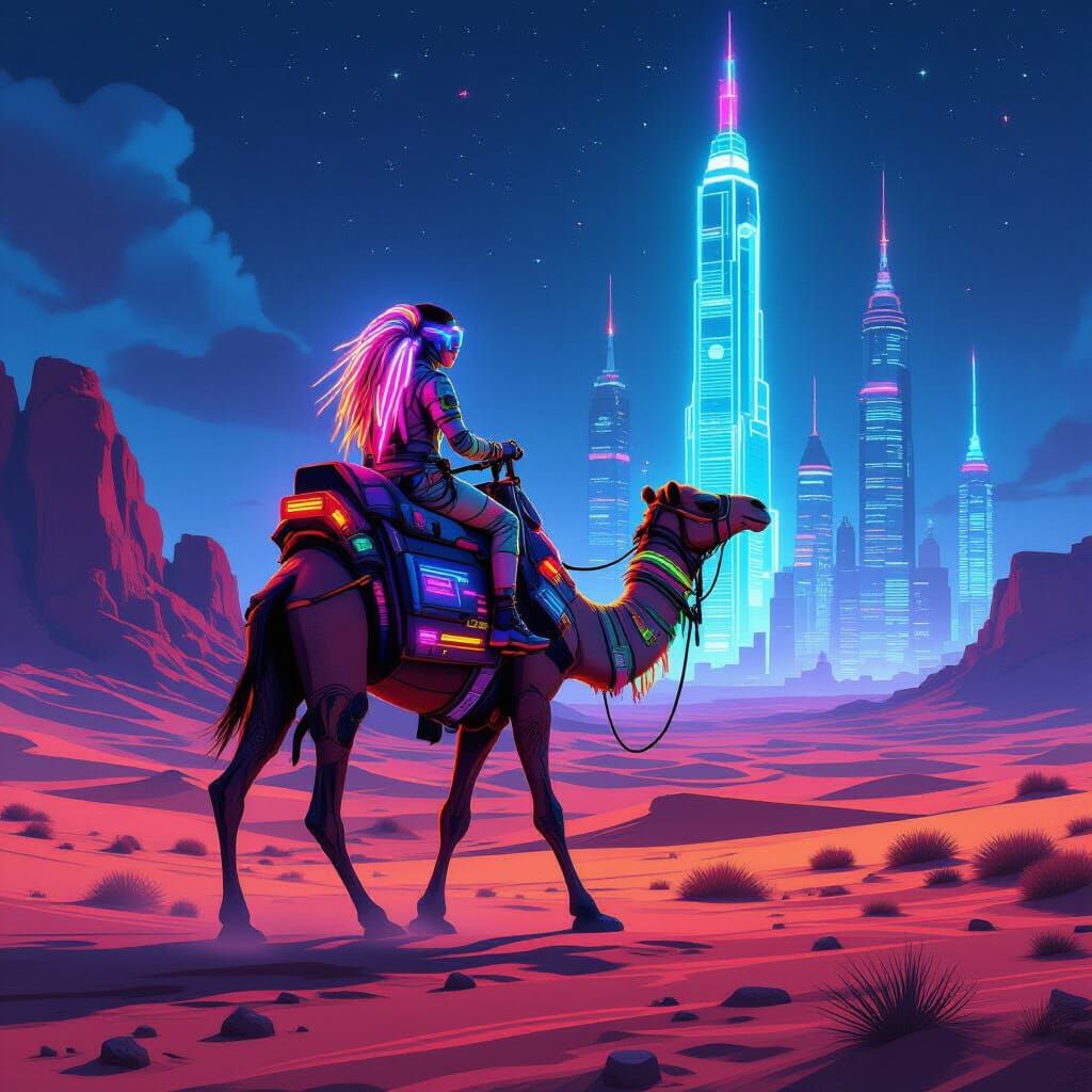 Cyberpunk Camel with Neon Dreadlocks in Futuristic Desert