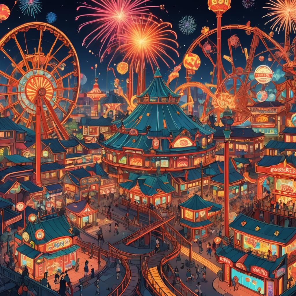 Surreal Neon Amusement Park in Anime Style