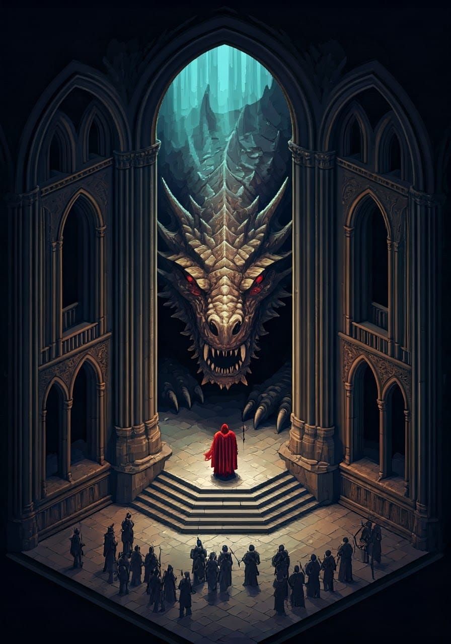 Isometric Pixel Art Dragon Over Cathedral