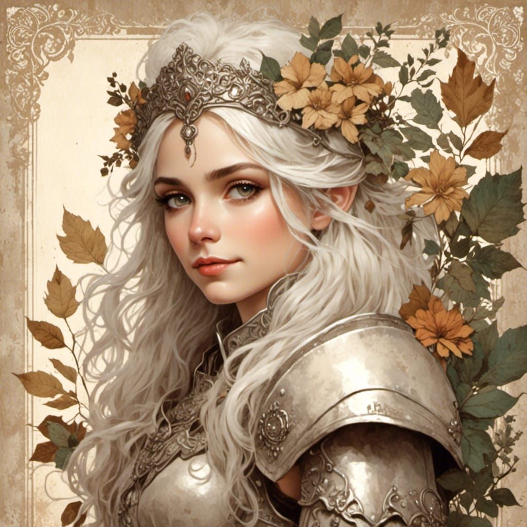 Armored Elf with White Hair in Vintage Collage Style