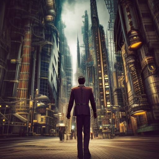 Steampunk Man in Hyperrealistic Futuristic City