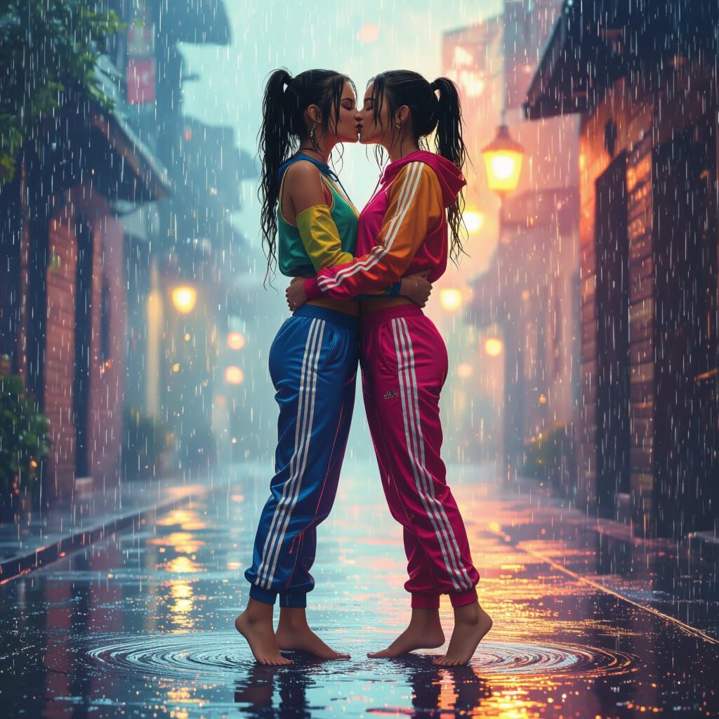 Lesbian Kiss in Rain: Fantasy Concept Art
