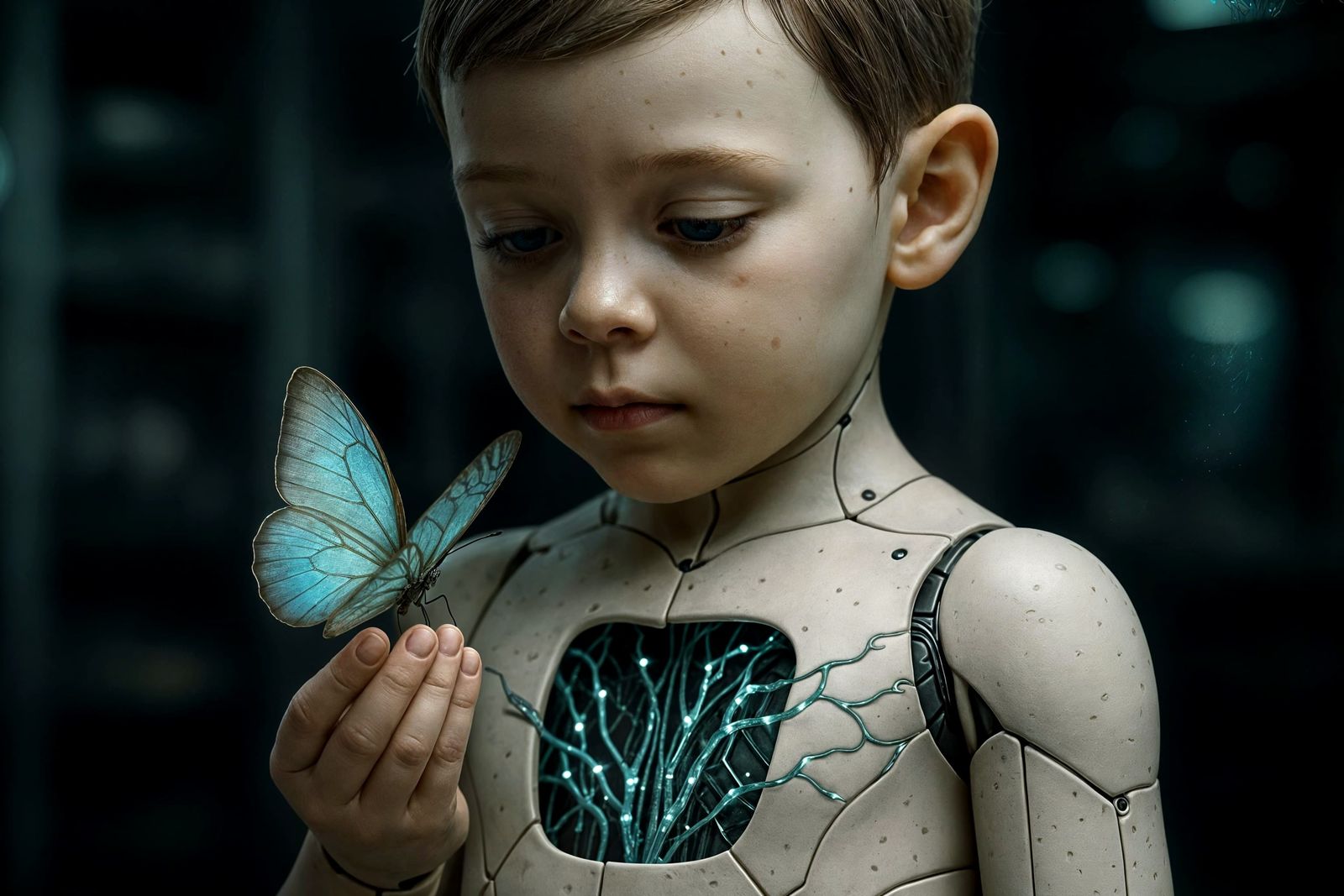 Android Child Releasing Bioluminescent Butterfly