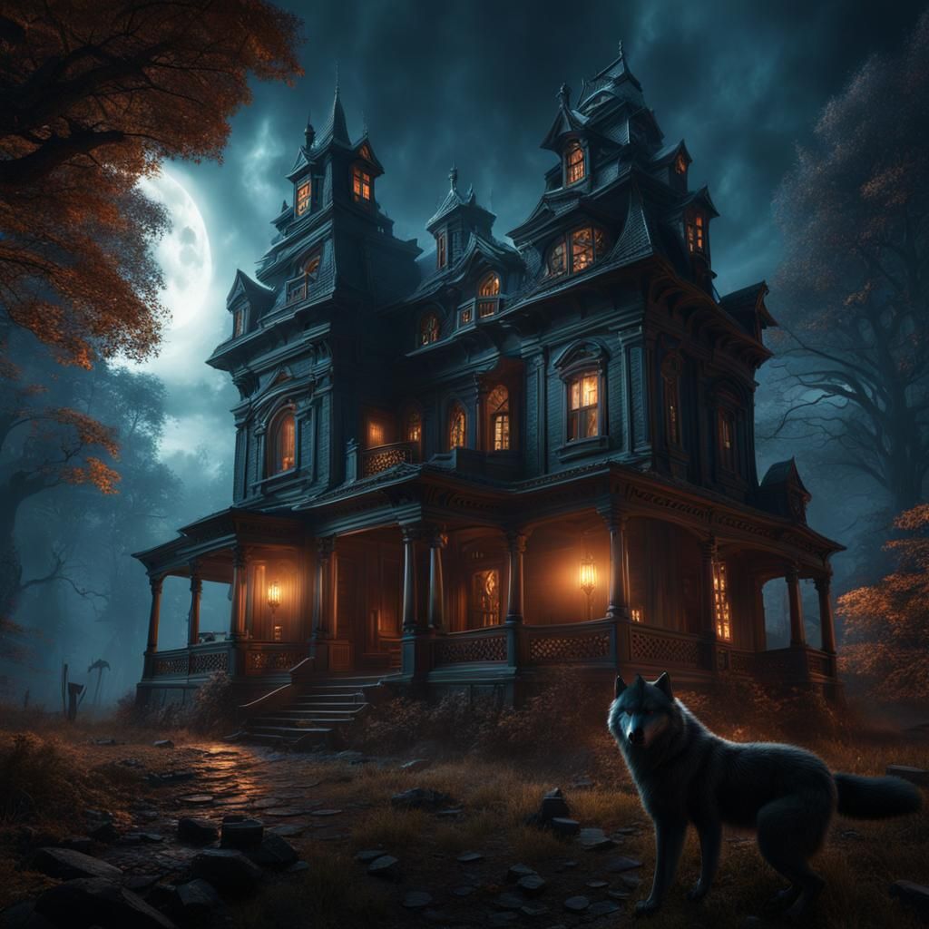Haunted House with Werewolf in Detailed Matte Painting