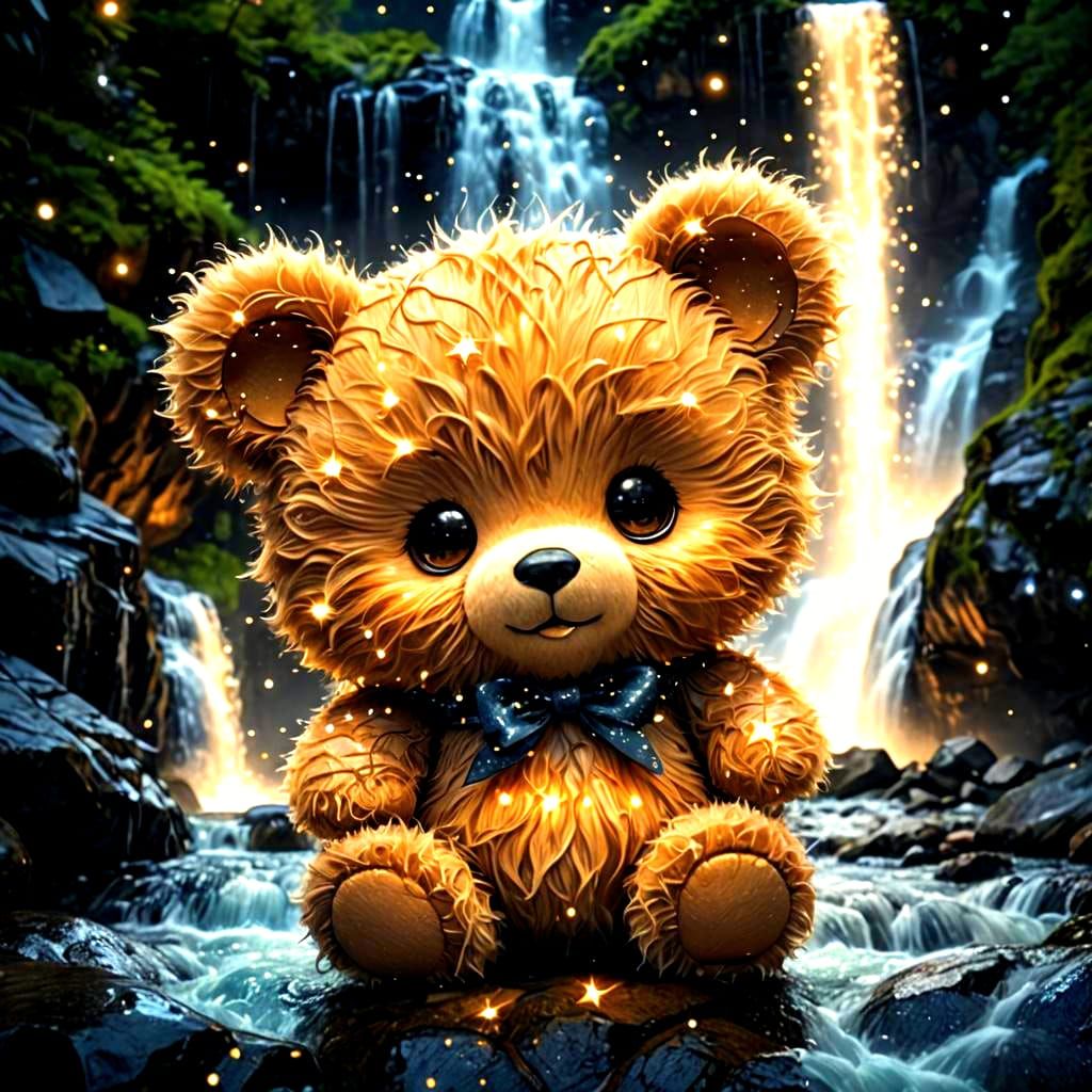 Chibi Bear Constellation Over Bioluminescent Waterfall