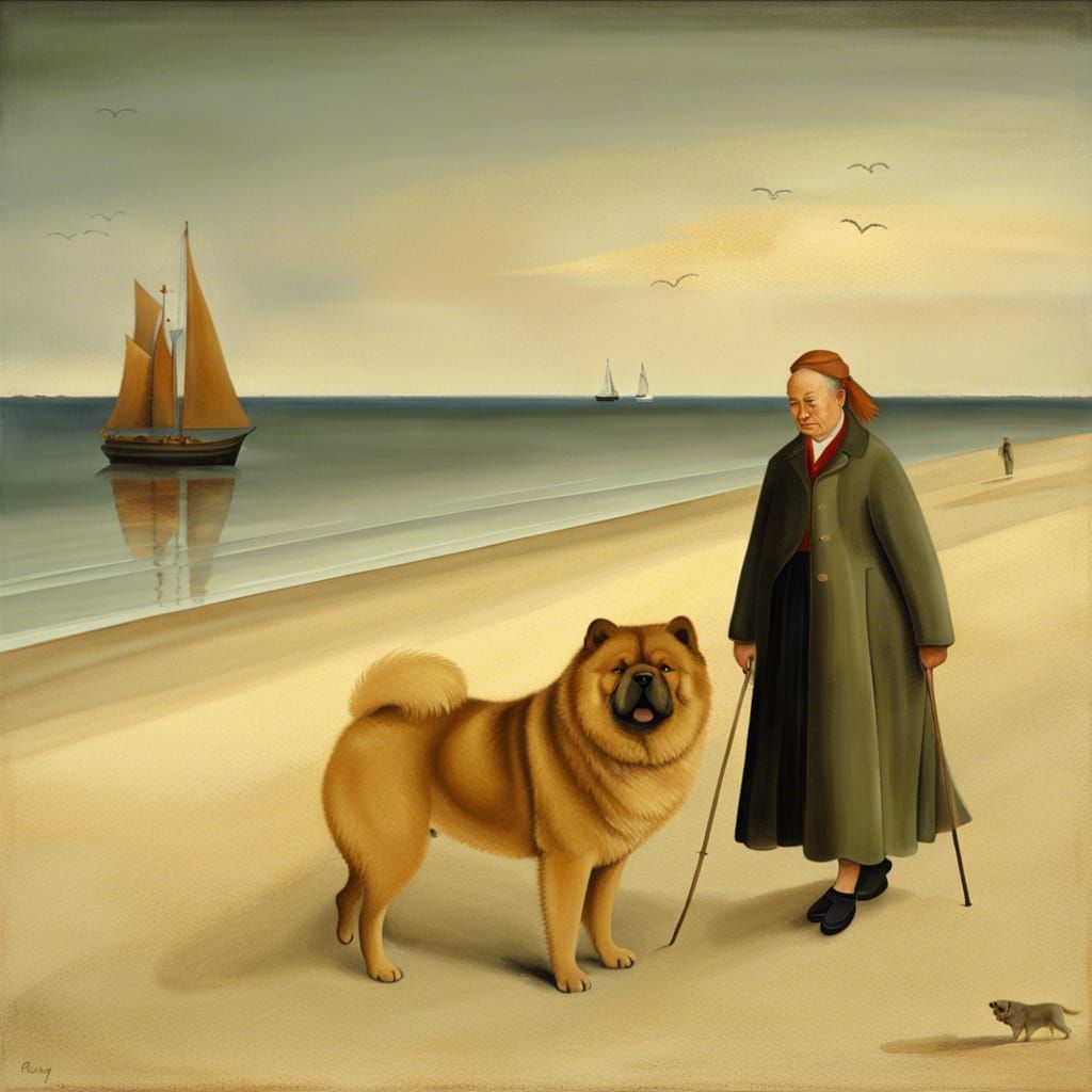 Woman walking on the south beach of Skagen, a chow chow walk...