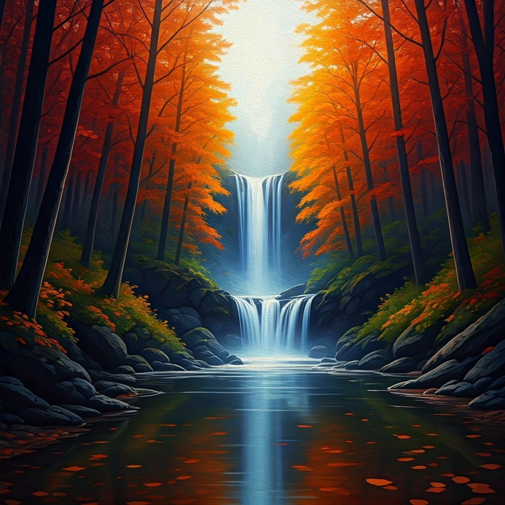 Peaceful Autumn Waterfall in Fantasy Concept Art Style