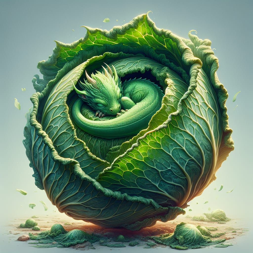 Baby Green Dragon Sleeping in Cabbage