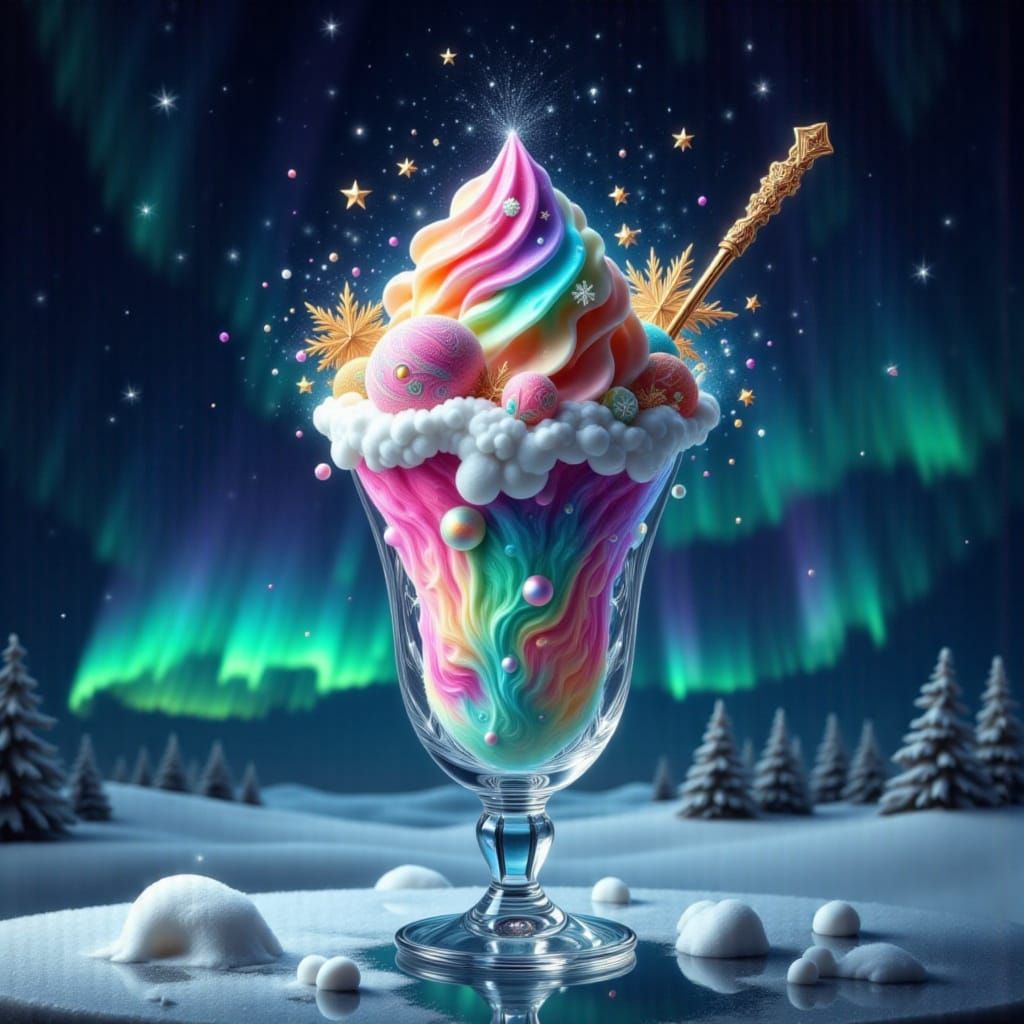 Glowing Aurora Ice Cream Sundae in Midnight Sky