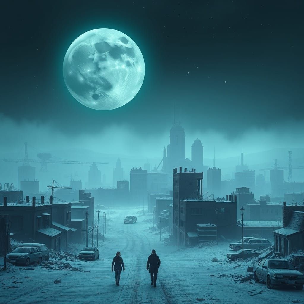 Eternal Winter Cityscape Under Cratered Moon