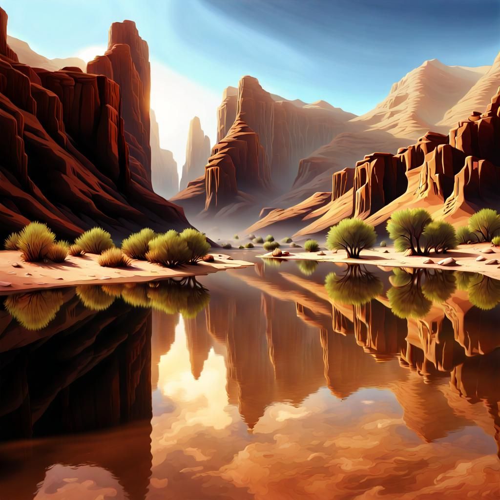 Breathtaking Desert Canyon Reflection: Digital Painting