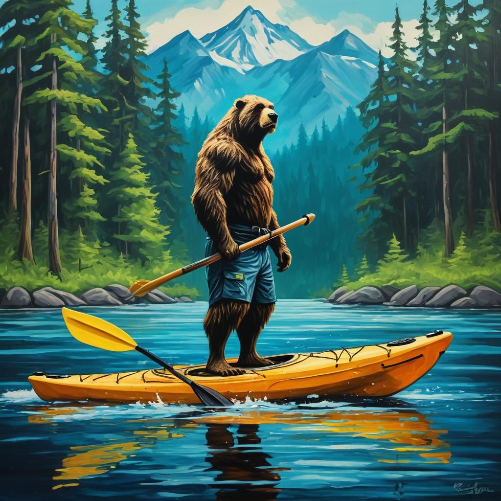 Bigfoot on Kayak as a Canvas Painting