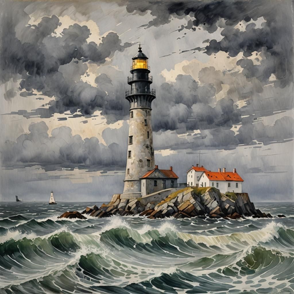 Grey Lighthouse in Gouache Impressionist Style
