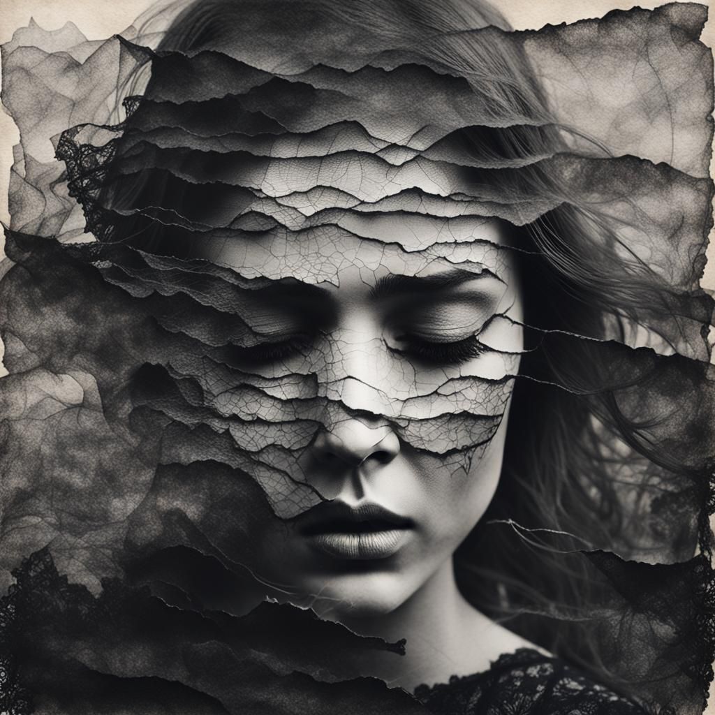 Vintage Double Exposure of Crying Woman in Greyscale